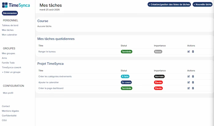 Vue TimeSynca de la page Mes tâches